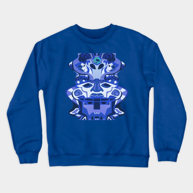 deep alien olmec totem head in blue mandala ecopop Crewneck Sweatshirt by jorge_lebeau